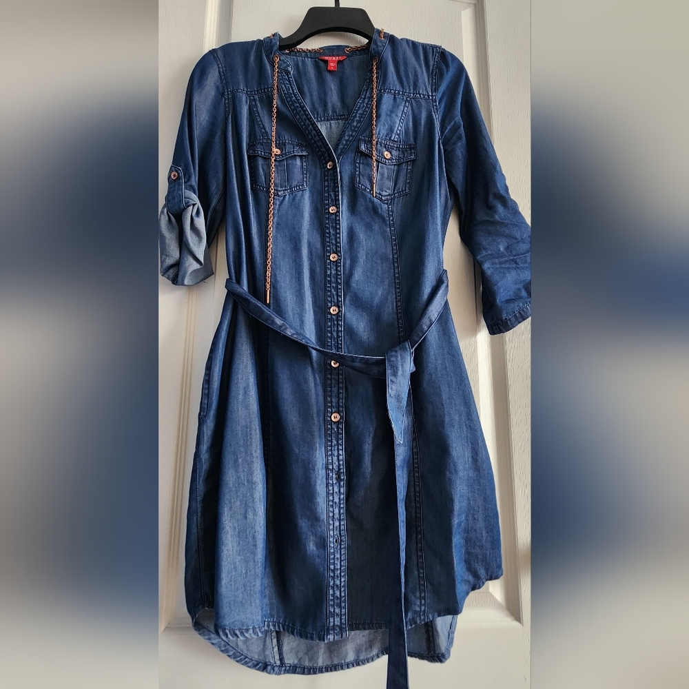 Denim Button-Front Shirt  Dress with Tie Waist and Chain Detail
